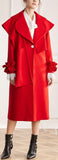 Ruffled-Trim Wool-Blend Red Trench Coat