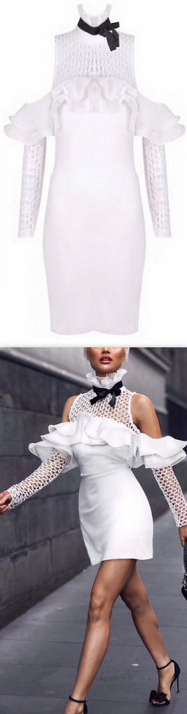 Ruffle Cold-Shoulder High-Neck Stretch Mini Dress