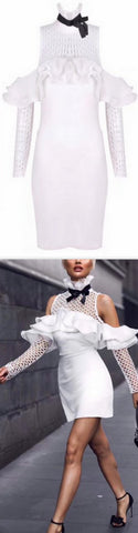 Ruffle Cold-Shoulder High-Neck Stretch Mini Dress