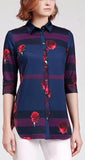 Rose & Check Print Shirt, Blue with Purple