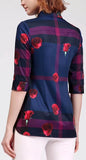 Rose & Check Print Shirt, Blue with Purple
