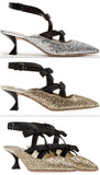 Glitter and Bow-Embellished Point-Toe Mules - Silver or Gold