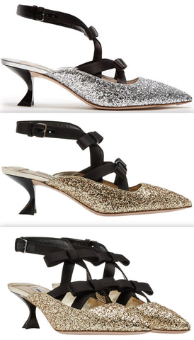 Glitter and Bow-Embellished Point-Toe Mules - Silver or Gold
