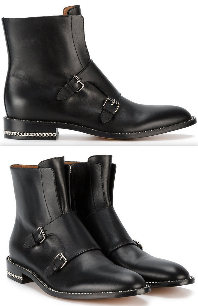 Black Monk Strap Leather Ankle Boots
