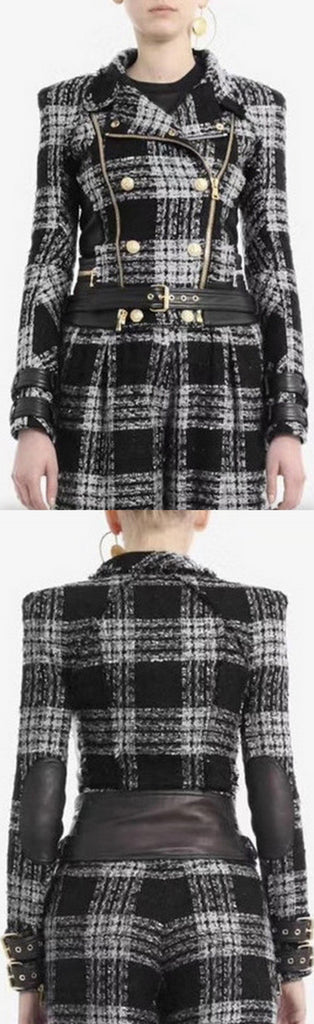 Plaid Tweed Jacket with Leather Trim