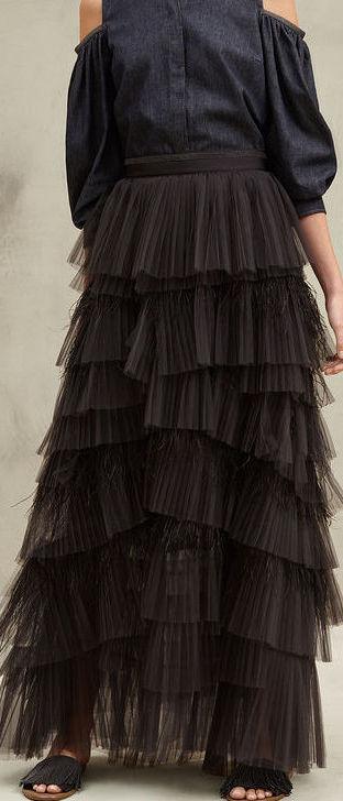 Pleated Tulle Feather Flounces Long Skirt, Black