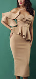 Ruffle Peplum Strapless One-Sleeve Evening Dress, Beige/Khaki