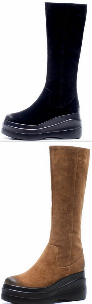Suede Leather Platform Boots - Black or Brown