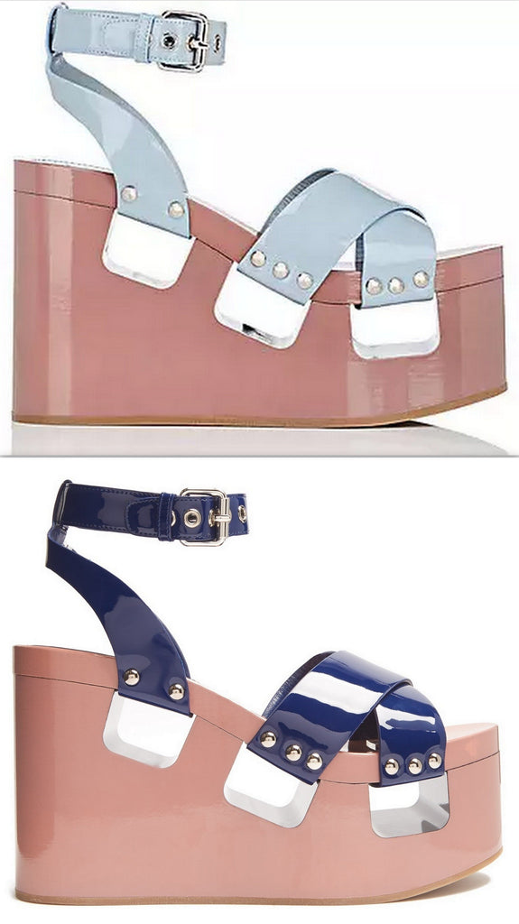Patent Leather Platform-Wedge Sandals - Light Blue or Blue