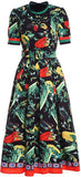 Short-Sleeve Vegetable Print Midi Dress, Black