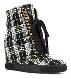 Tweed Lace-Up Wedged Boots - Multi or Black & White