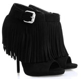 Open-Toe Fringed Suede Booties - Black or White