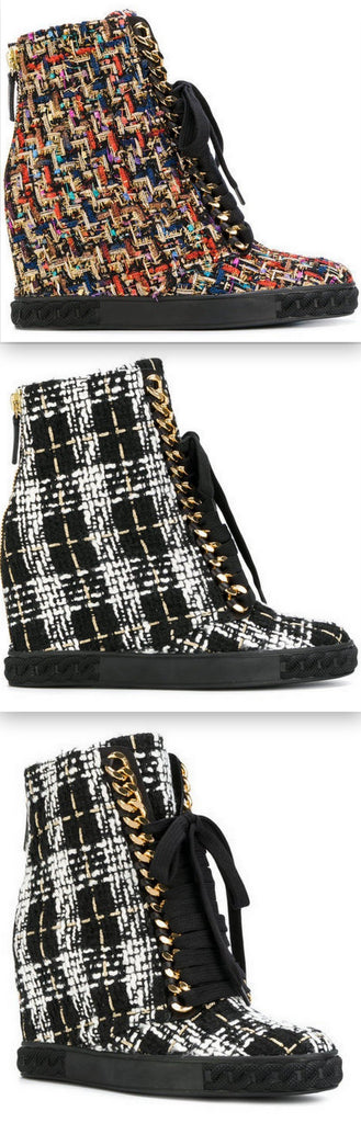 Tweed Lace-Up Wedged Boots - Multi or Black & White