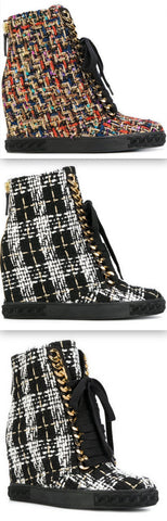 Tweed Lace-Up Wedged Boots - Multi or Black & White