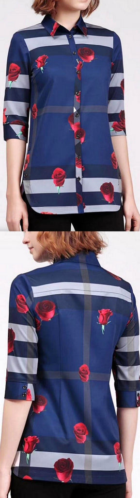 Rose & Check Print Shirt, Blue with White