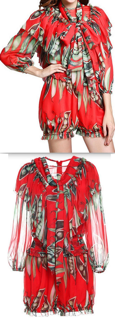 Snap Pea Ruffled Chiffon Blouse and Short Set