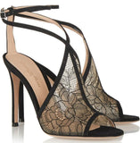 Black Suede-Trimmed Chantilly Lace Sandals