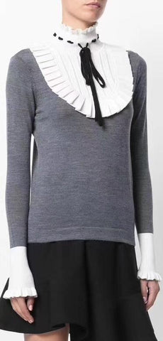 Pleated-Bib Knit Sweater, Grey