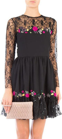 Floral-Embroidered Black Lace Dress