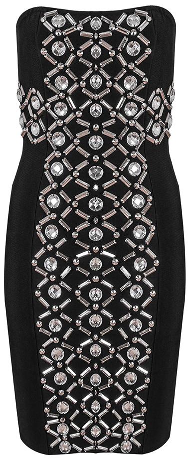 Black Strapless Embellished Stretch Mini Dress