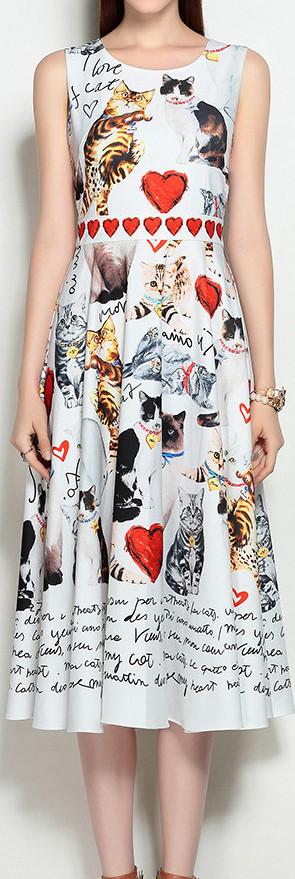 Cat & Heart Print A-Line Dress - DESIGNER INSPIRED FASHIONS