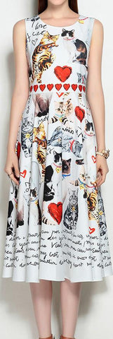 Cat & Heart Print A-Line Dress - DESIGNER INSPIRED FASHIONS