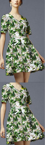 *Extended Sizes* Green Floral Print Mini Dress