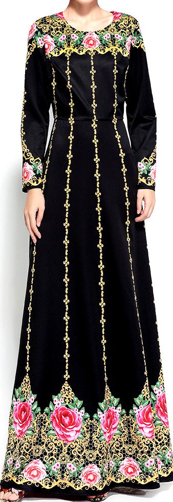 Rose Brocade Print Black Gown