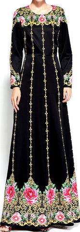 Rose Brocade Print Black Gown