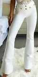 Gold Lion-Head Button-Embellished Stretch Flared Leg Pants, White