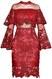 Sheer Yoke Guipure Lace Dress, Burgundy Red