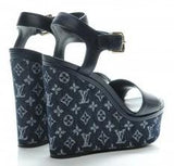 Monogram Denim Calfskin Waterfall Wedge Sandals