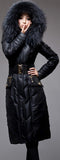 Belted Black Fur-Hooded Feather Down fill Coat