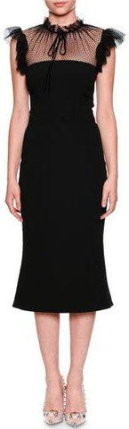 Black Tulle Tie-Neck Cady Cocktail Midi Dress