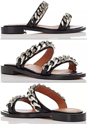 Chain-Embellished Leather Slide Sandals | DESIGNER INSPIRED FASHIONS