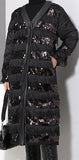 Black Sequin-Embellished Fringed Quilted Coat