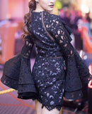 Black Ruffle Lace Bell-Sleeve Playsuit
