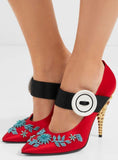 Jeweled-Heel Satin Mary Jane Pumps - Pink, Teal/Blue, Red