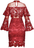 Sheer Yoke Guipure Lace Dress, Burgundy Red