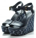 Monogram Denim Calfskin Waterfall Wedge Sandals
