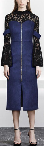 Black Lace & Blue Faux Suede Beaded Dress