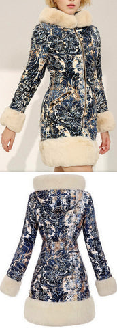 Fur-Trim Paisley Puffer Coat