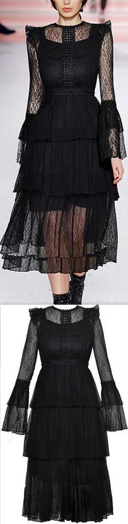 Lace-Tiered Long Sleeve Midi Dress, Black