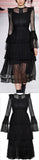 Lace-Tiered Long Sleeve Midi Dress, Black