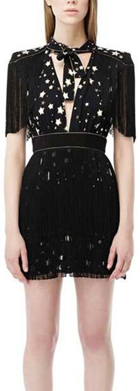 Black Mini Dress with Stars and Fringes