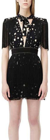 Black Mini Dress with Stars and Fringes
