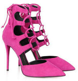 Lace-Up Suede Heel Pumps - Fuchsia Pink or Black