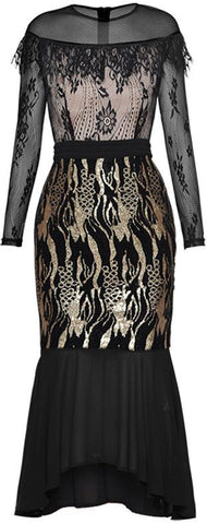 Black Sequined Tulle & Lace Midi Dress