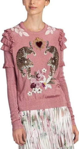 Embroidered Ruffled Sweater, Pink