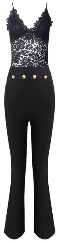 Black Lace Top & Gold Lion-Head Button Stretchy Bandage Pants